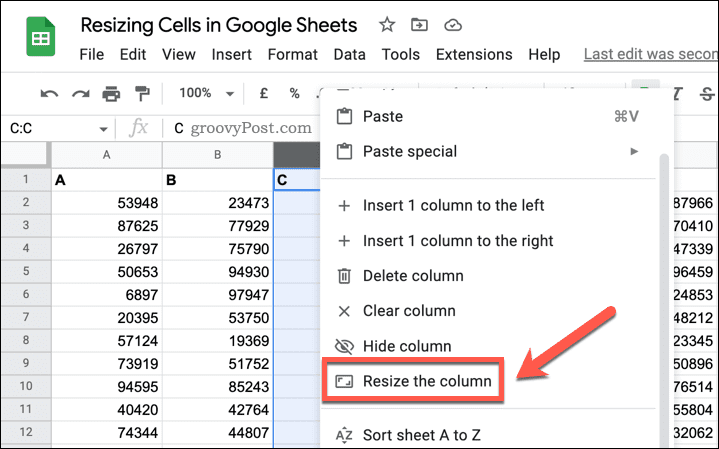 The option to resize a column in Google Sheets