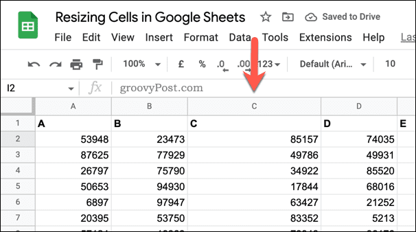 Пример измененного размера столбца в Google Sheets