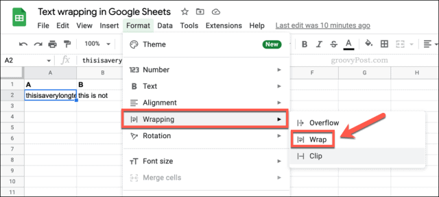 Options to wrap text in Google Sheets