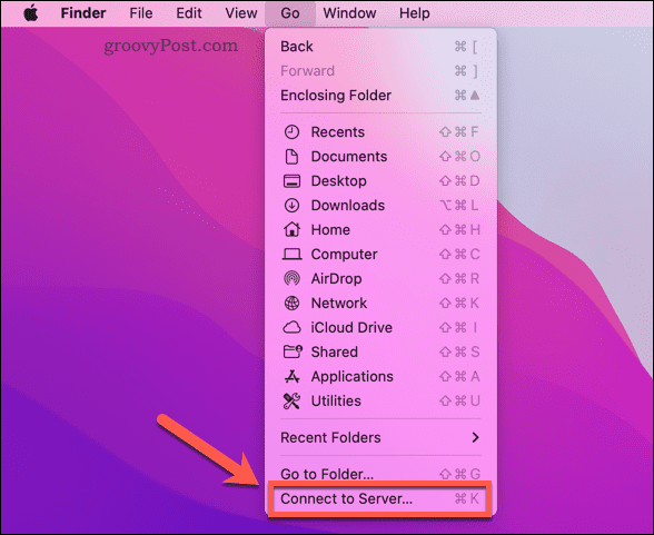 Opening the Mac Finder Connect to Server option