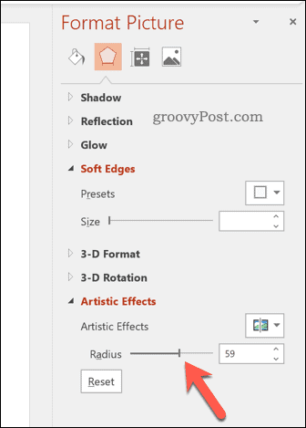 Adjusting the artistic effects radius in PowerPoint