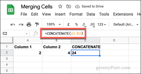 An example of a simple CONCATENATE formula in Google Sheets