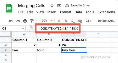 An example of a CONCATENATE formula in Google Sheets using empty text strings
