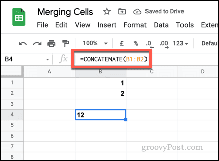 Example of a simple CONCATENATE formula in Google Sheets