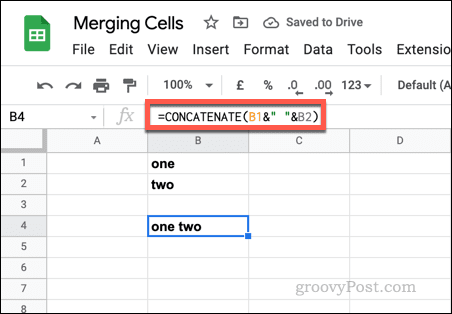 An example CONCATENATE formula in Google Sheets using empty text strings