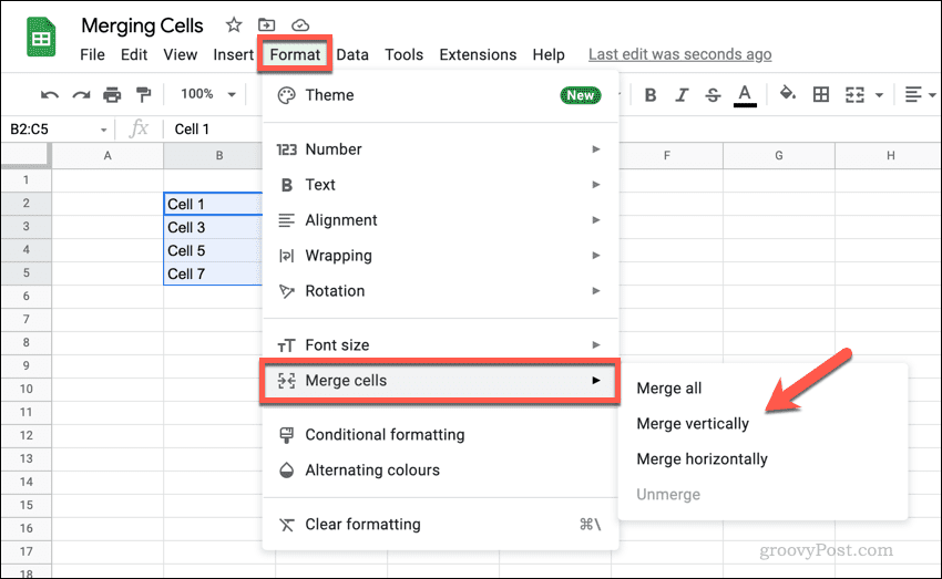 Options for merging cells in Google Sheets