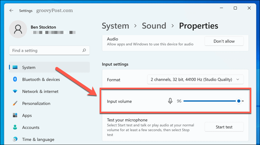 Настройка параметров громкости микрофона в Windows 11