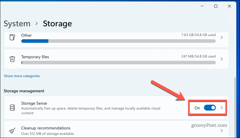 Enabling Storage Sense on Windows 11