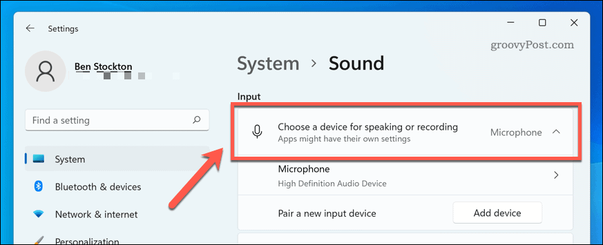 Choosing a sound input device on Windows 11
