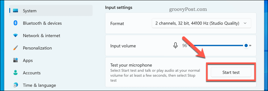 Запуск теста микрофона в Windows 11