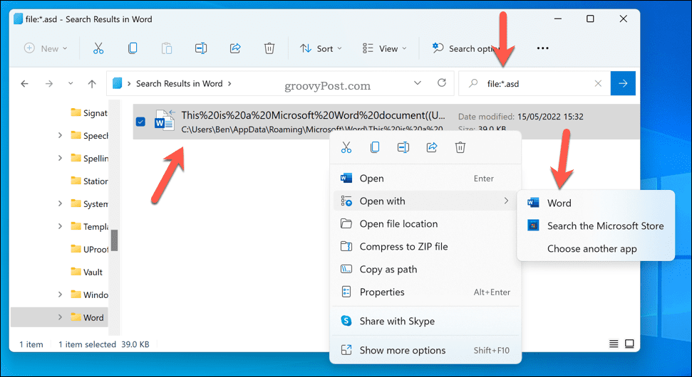 Searching for unsaved Word files in File Explorer