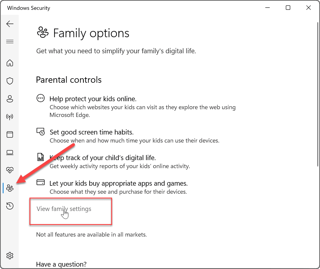 Windows Security Family options