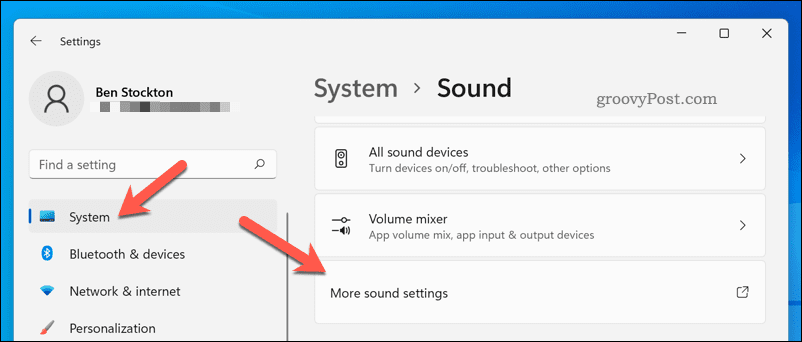 Opening the More Sound Settings menu on Windows 11