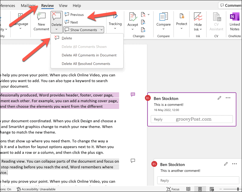 Delete comments in Word