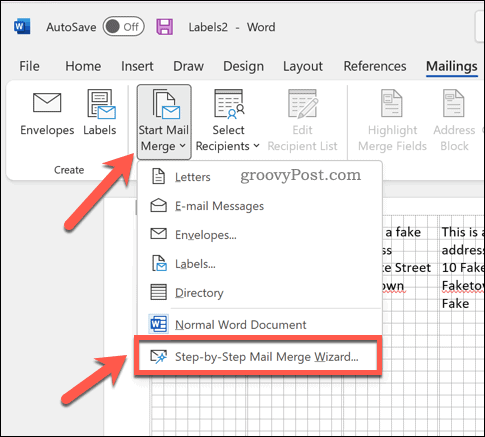 Opening the mail merge wizard in Word