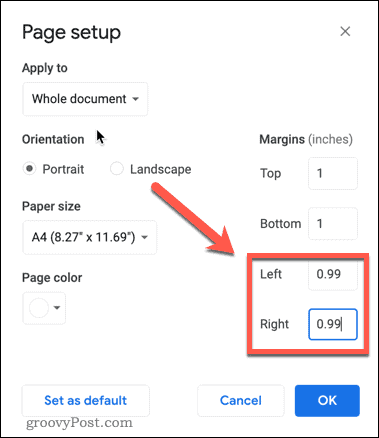 adjust margins in google docs