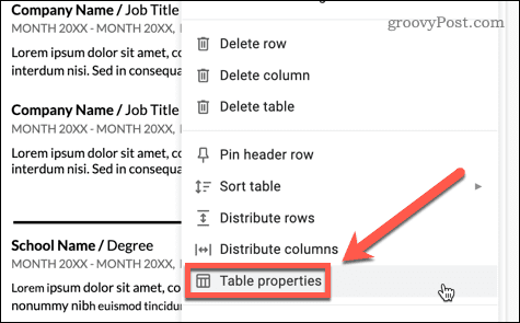 table properties in google docs