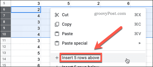 right click to insert rows in google sheets