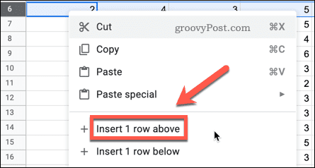 insert one row above in google sheets