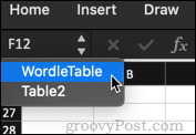 select table name in excel