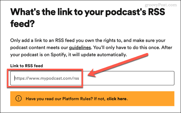 введите RSS-канал вашего подкаста в Spotify