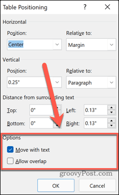move with text in word