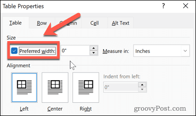 set preferred width in word