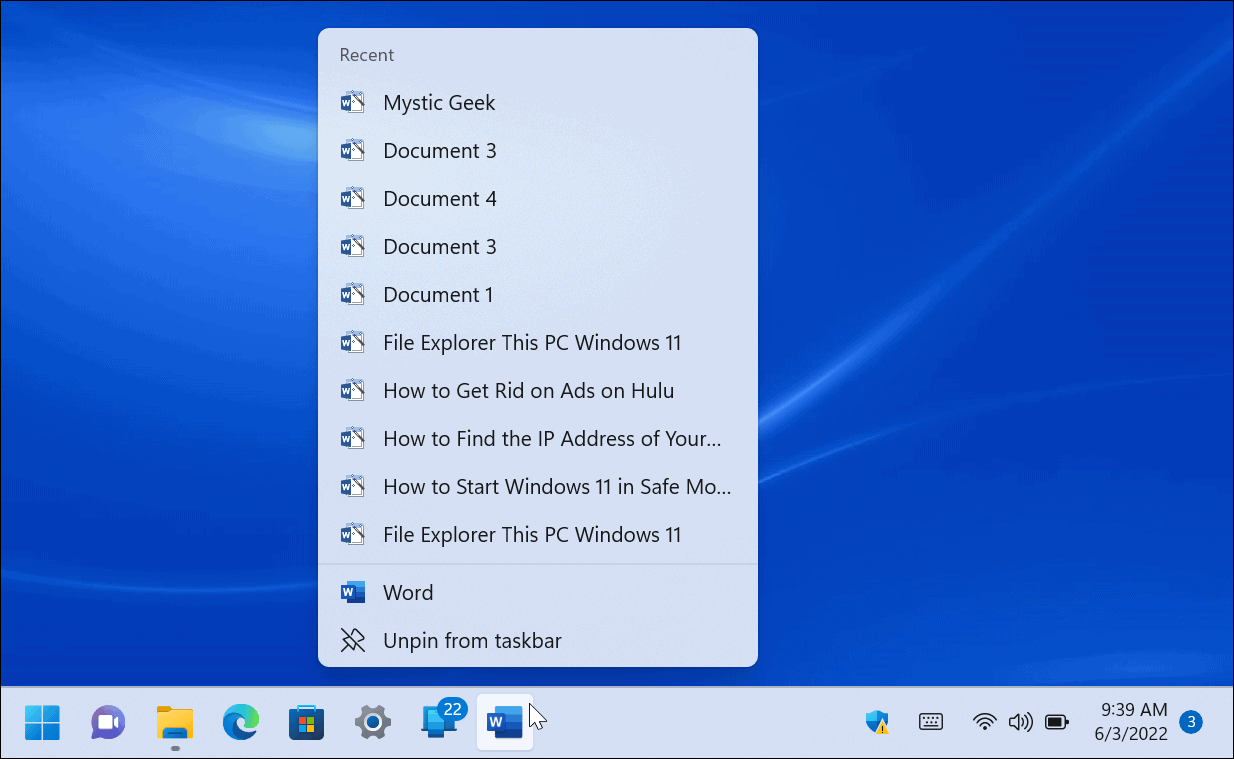 Jump lists on Windows 11