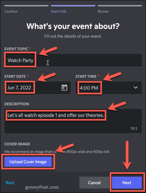 Selecting event details in Discord