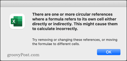 A circular reference warning in Excel