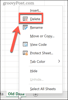 Удаление листа Excel