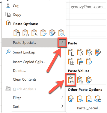 Pasting special values in Excel