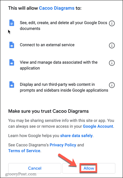 Accepting add-on permissions in Google Docs