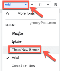 Selecting a font in Google Docs