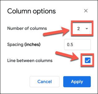 Choosing column options in Google Docs