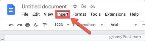 The Insert menu in Google Docs