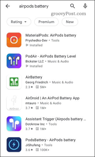 A list of third-party AirPods status apps in the Google Play Store