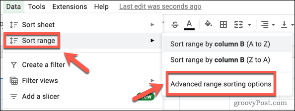 Opening the advanced sorting menu in Google Sheets