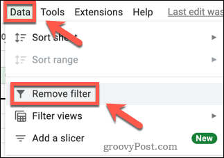 Removing a filter in Google Sheets