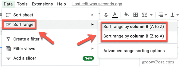 Sorting data ranges by column in Google Sheets