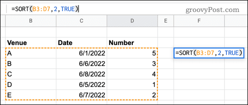 Using the SORT function in Google Sheets