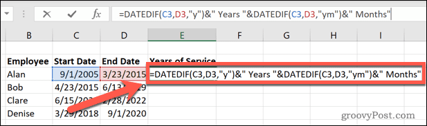 excel datedif years and months complete