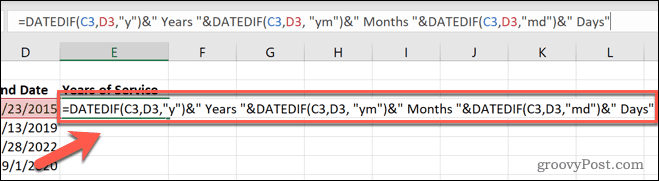 excel datedif years months days complete