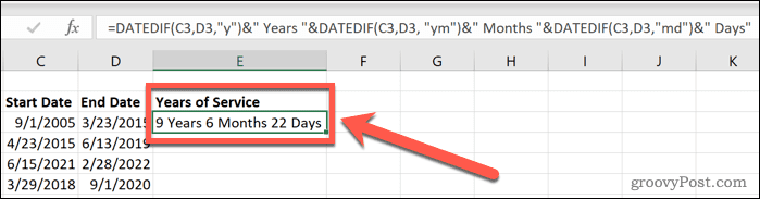 excel datedif years months and days of service