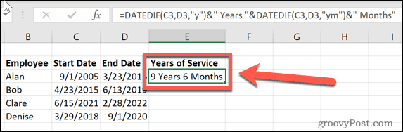excel datedif years and months of service