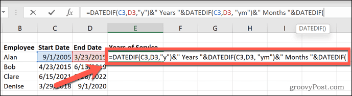 excel datedif years and months