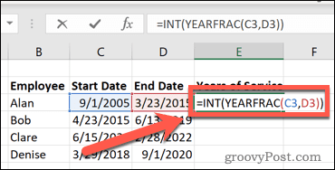 excel yearfrac complete formula