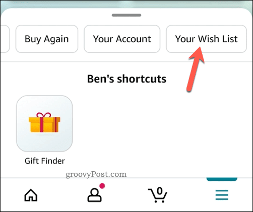 Opening the wish list menu in the Amazon app