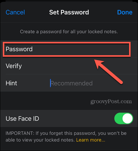 iphone enter notes password