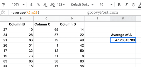 The AVERAGE function used in Google Sheets